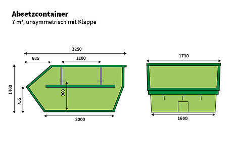 Absetzcontainer 7 m³ unsymmetrisch mit Klappe